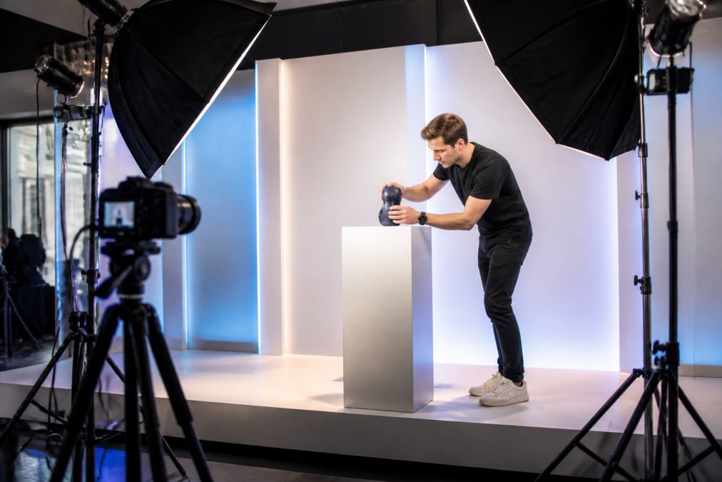 Professional photographer adjusting studio lighting equipment and positioning a product on a stage setup, with tripods, monitors, and technical gear visible in a modern venue