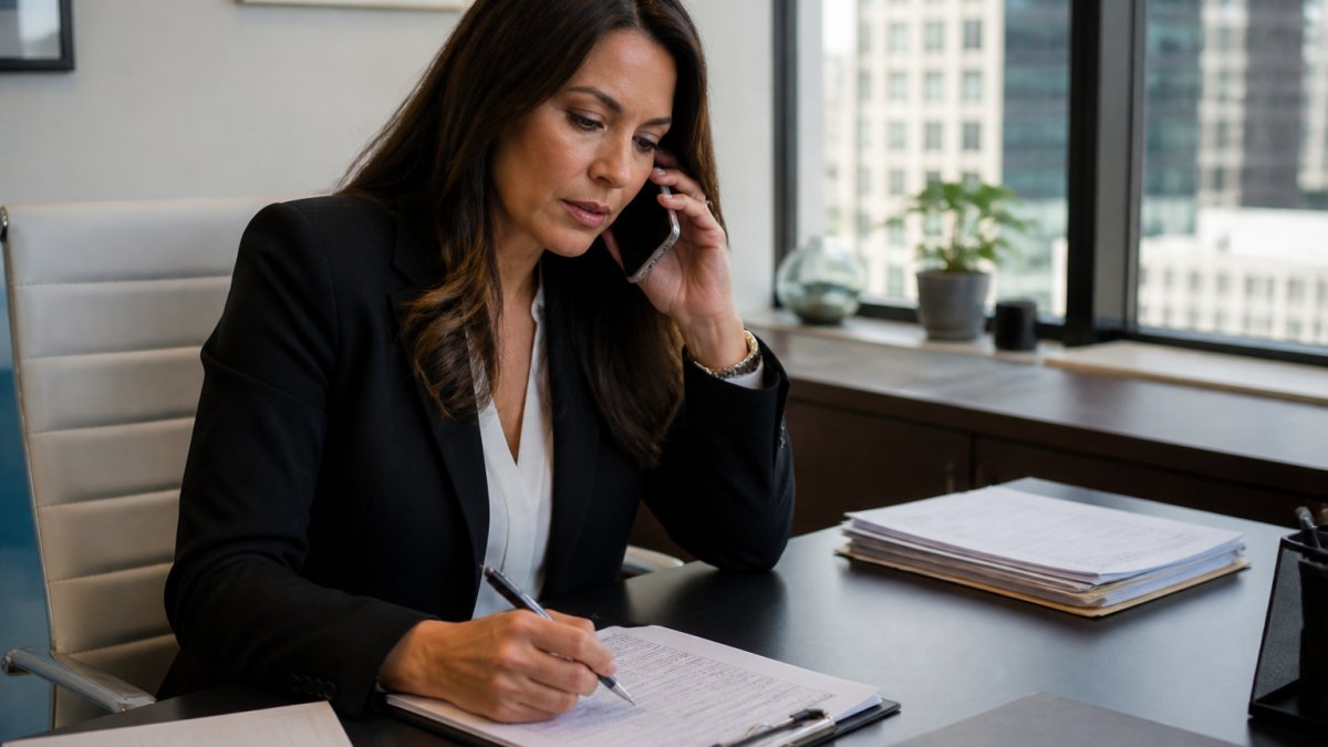 Professional executive assistant reviewing transportation billing details on laptop while on call, with notepad and pen on modern office desk