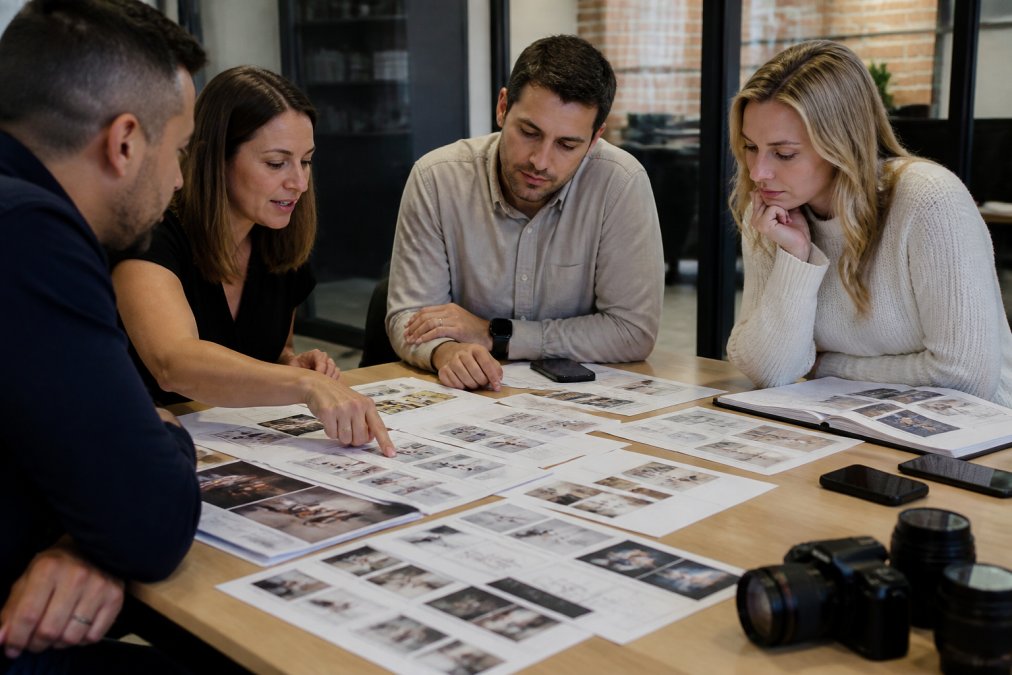 Team reviewing a corporate event video production timeline on a storyboard layout in a conference room.
