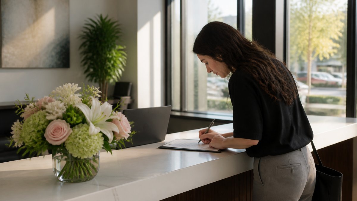 A bright office reception desk with a low fresh flower arrangement in a glass vase, a laptop, and a visitor signing in near large windows