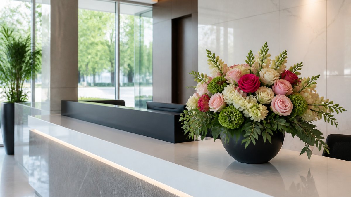 Modern office reception area with sleek white and gray desk, featuring a vibrant fresh floral arrangement in a contemporary vase with roses and complementary greenery, natural light streaming through large windows creating an inviting first impression