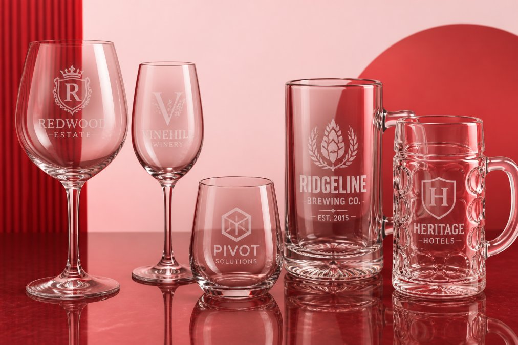 Close-up of elegantly engraved wine glasses and beer steins with company logos displayed on a polished surface, showing fine etching detail and professional finish