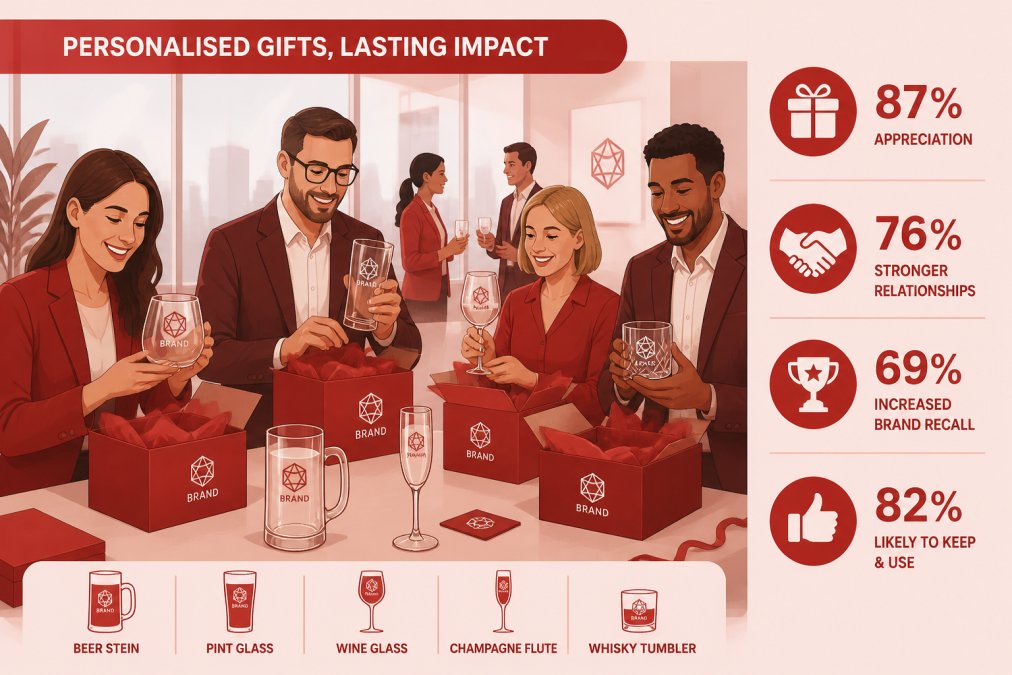 Professional team members at an office event unwrapping branded glassware gifts, showing genuine appreciation and engagement with custom-engraved items, natural office lighting from windows