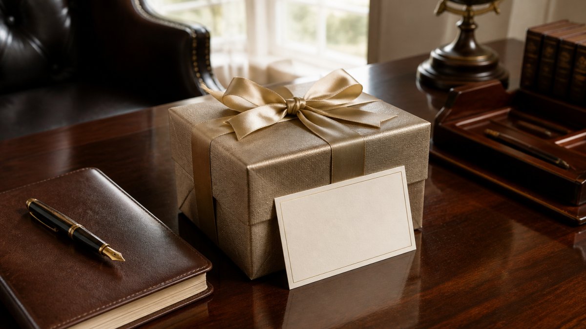 Elegantly wrapped gift box with gold-accented packaging and personalized card placed on polished mahogany desk with leather journal and fountain pen nearby, soft natural window lighting