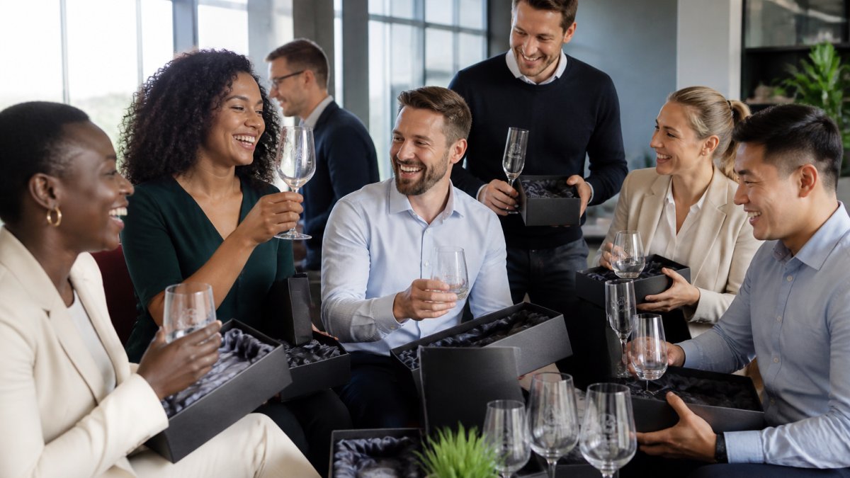 Diverse team of employees smiling and celebrating together in a modern office, holding branded glassware and gifts, showing genuine connection and joy