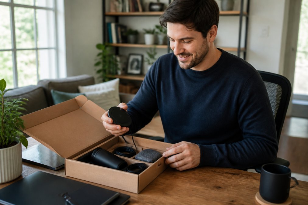 Remote worker opening a corporate gifting for remote employees box featuring a wireless charger and tech accessories.