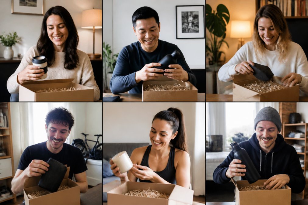 Diverse remote employees unpacking personalised gift boxes on a video call for corporate gifting for remote employees.