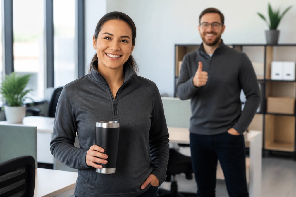 A smiling employee wearing a branded quarter-zip fleece in a bright office, holding a matching tumbler, with a colleague giving a thumbs up in the background