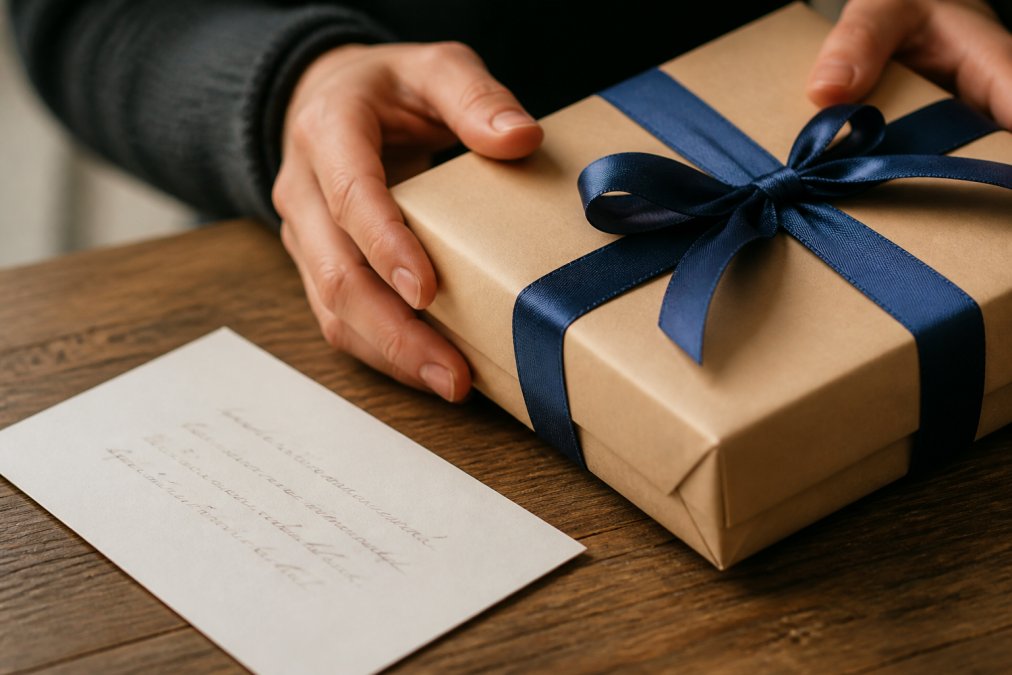 Close-up of a hand-tied ribbon on a wrapped corporate gift box resting beside a handwritten note on a wooden desk in soft daylight
