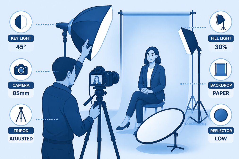 Photographer adjusting professional studio lighting and camera equipment while a client sits in the background, showing the technical setup and professional environment of a corporate headshot shoot