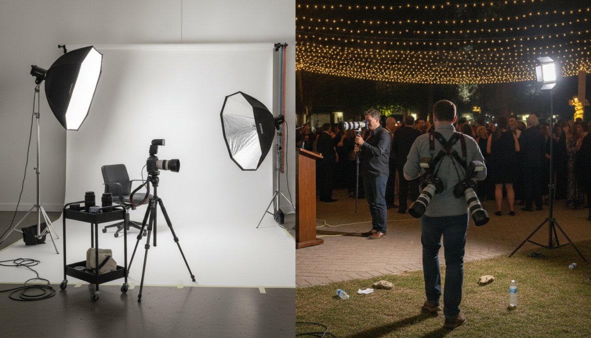 Professional photographer adjusting studio lighting with softboxes and reflectors positioned around a white seamless background in a controlled studio space