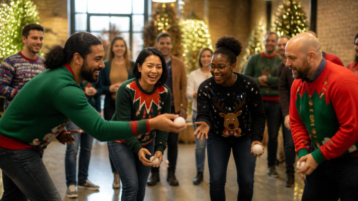 Diverse employees laughing and engaged in an interactive team game at a festive corporate holiday party, with holiday decorations and warm lighting in the background