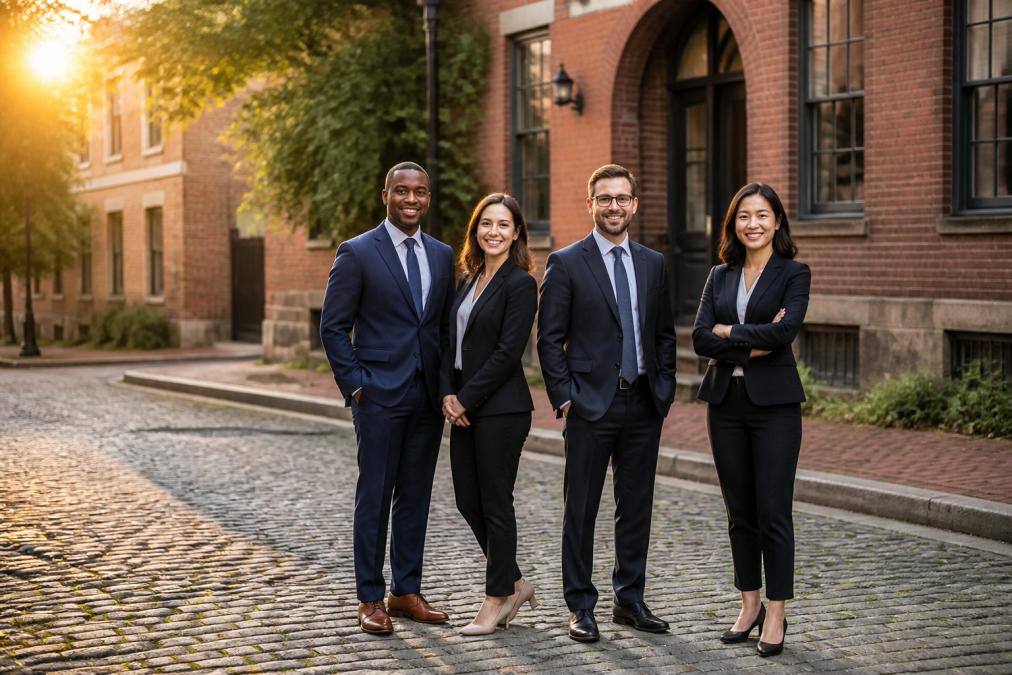 Professional team in business attire posing in front of historic brick architecture and cobblestone street with natural golden hour lighting creating professional backdrop