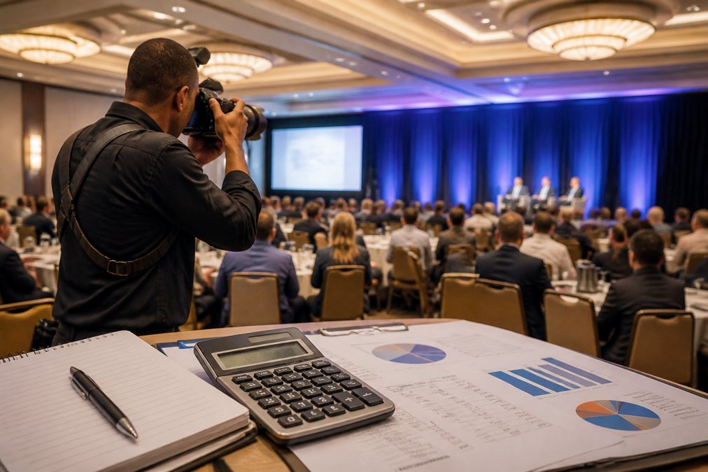 Professional photographer holding a DSLR camera on a strap, capturing a corporate conference in a modern hotel ballroom with attendees and stage lighting in the background