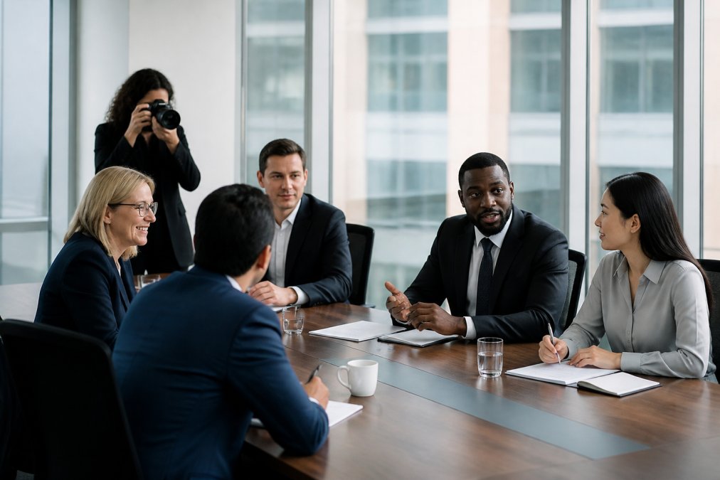 Diverse team of professionals in business attire gathered around a conference table during a corporate meeting, with a photographer discreetly capturing candid moments in soft natural light from windows