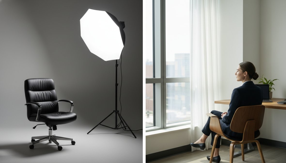 A business executive being photographed in a sunlit modern office, a [photographer](/book-corporate-photographer-northern-virginia/) adjusting a softbox light stand to camera left while the subject stands near floor-to-ceiling windows, creating a cinematic environmental portrait with natural bokeh in the background