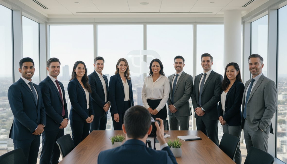 A diverse corporate team of six professionals posing for a group branding photo in a bright modern conference room, all dressed in coordinated navy and grey professional attire, smiling naturally toward the camera, large windows behind them casting soft directional light across the group