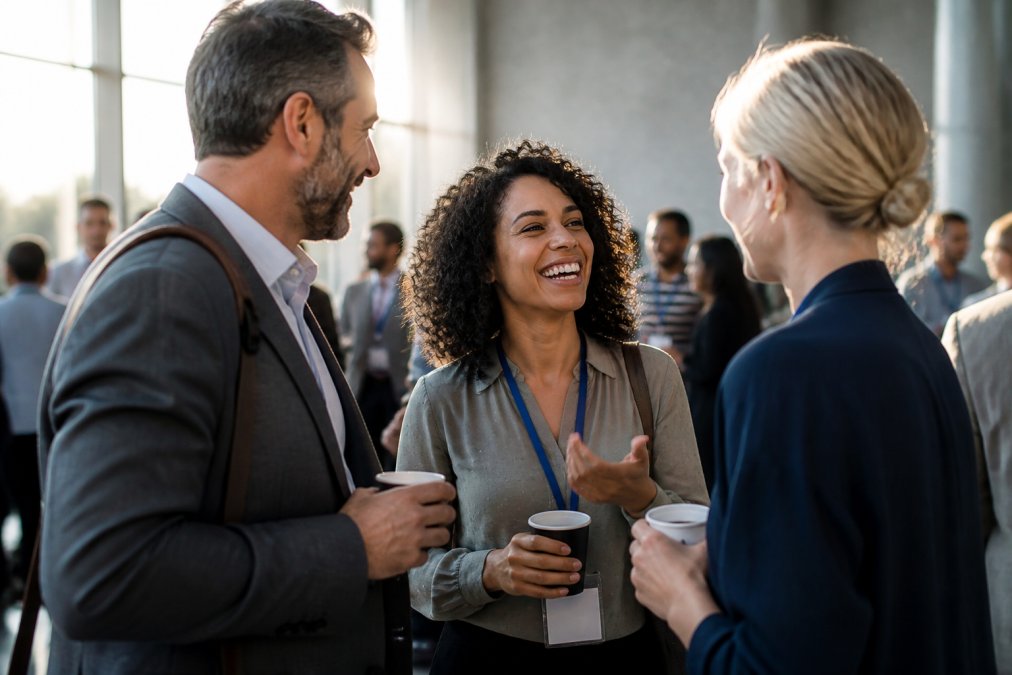 Corporate team members engaged in genuine conversation during a conference, captured in candid moments with natural lighting and authentic expressions showing real connection