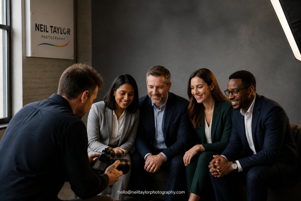 A diverse corporate team of four professionals seated together in matching studio lighting and neutral backdrop, wearing coordinated business attire in complementary colours, showing consistent professional appearance and styling