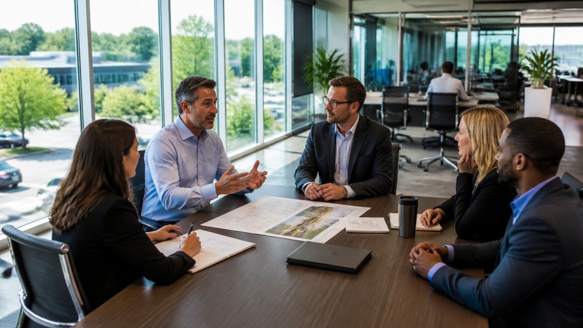 Infographic showing a site selection process for corporate relocation suburban markets with team collaboration.