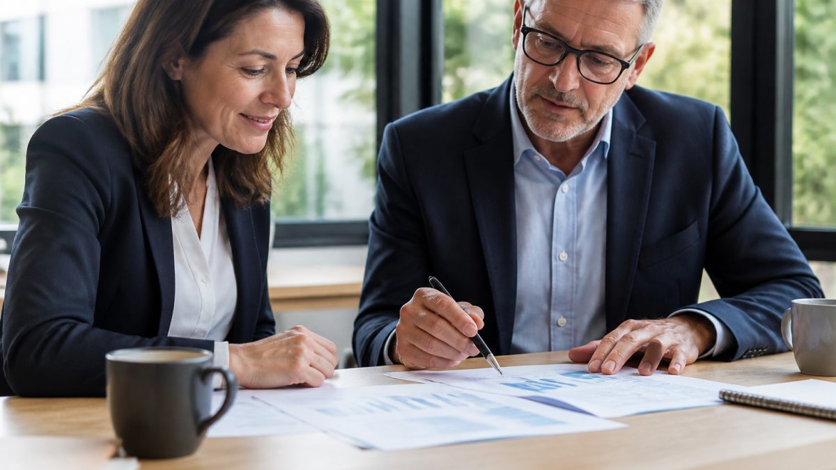 A business owner and a financial advisor reviewing retirement plan documents spread across a desk in a bright office, coffee cups nearby, natural window light