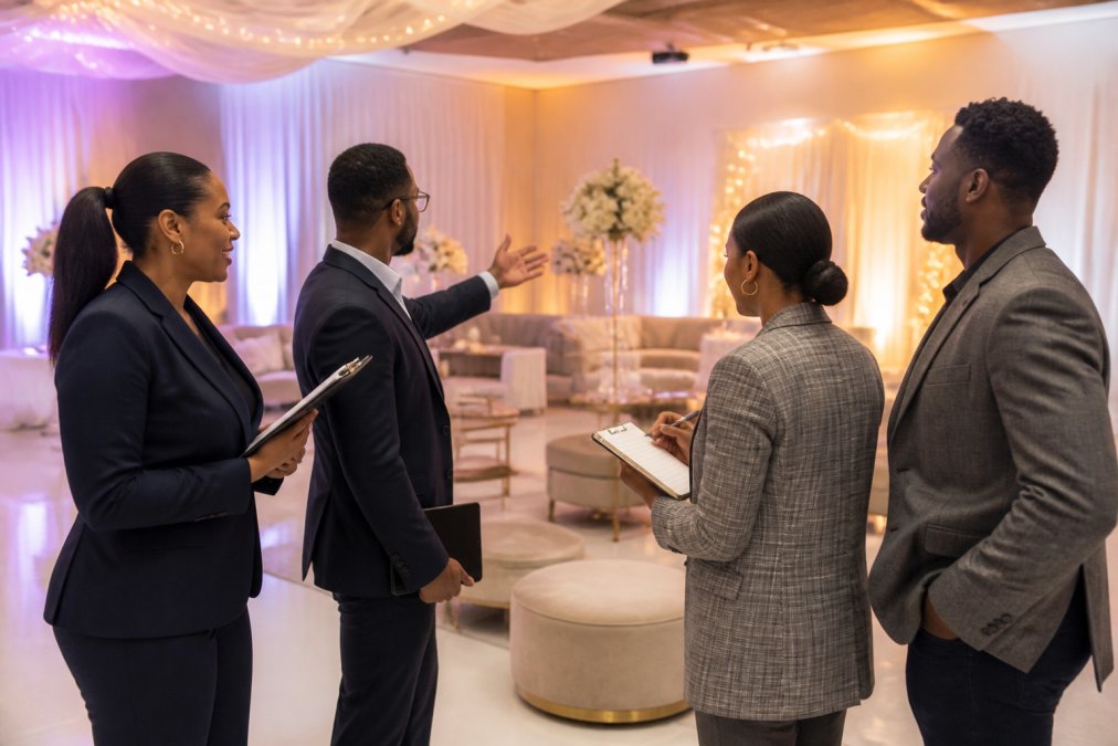 Event planners discuss logistics while touring a luxury space during corporate retreat venue planning.