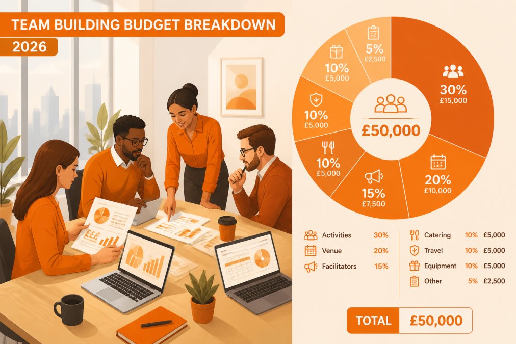 HR manager and colleagues gathered around a conference table reviewing printed budget documents and open laptops, bright modern office with large windows and natural daylight
