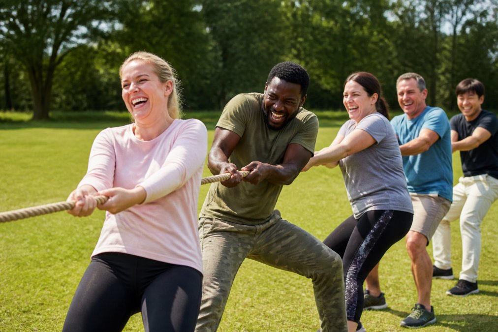 Diverse group of corporate employees laughing and collaborating during an energetic outdoor team activity on a bright sunny day, casual business attire, green open space