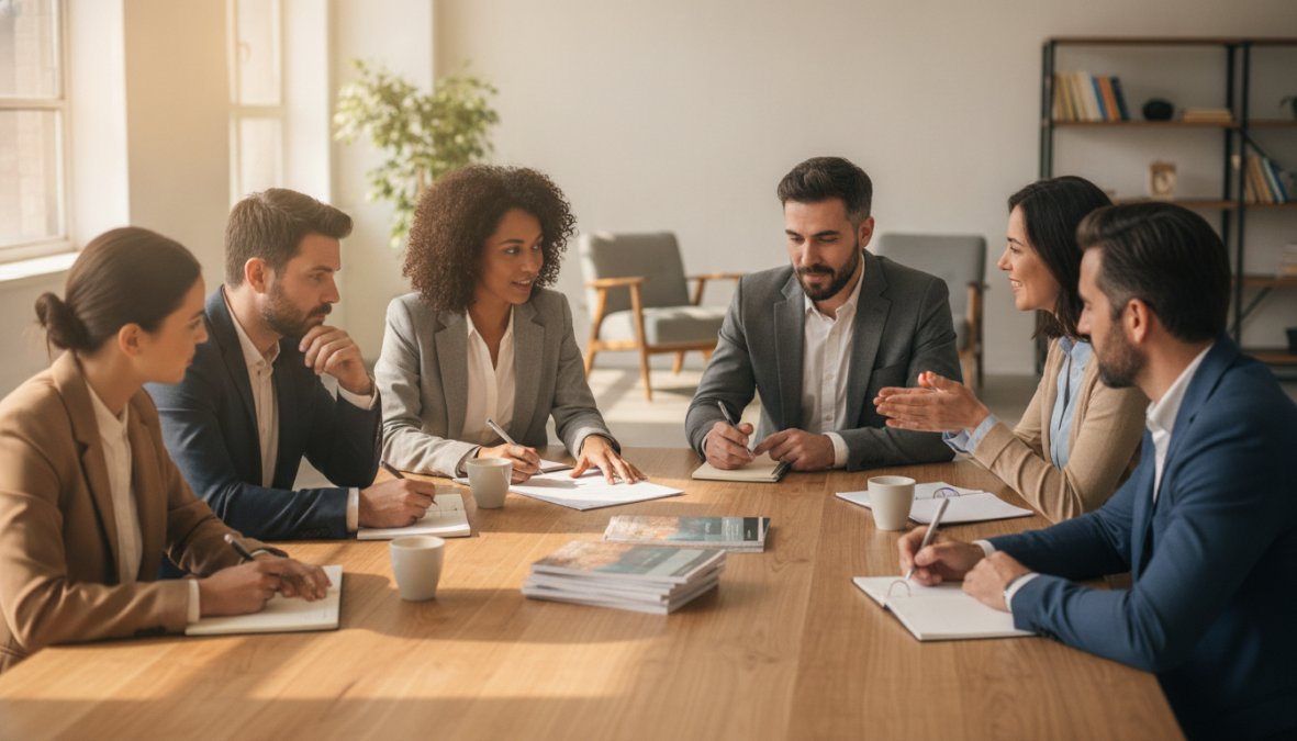 Diverse team of professionals in modern office collaborating around a table with laptops and notepads, some taking notes while others engage in animated discussion, natural daylight from windows