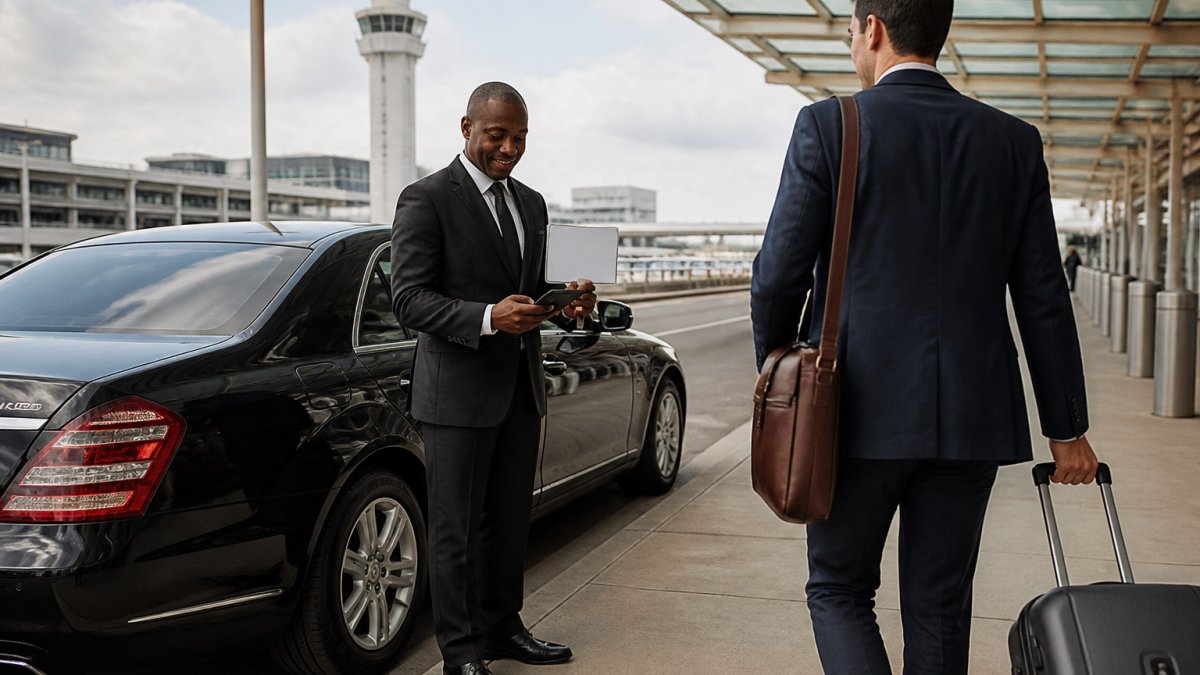Chauffeur greeting a traveler with a tablet for corporate transportation at an airport terminal curb