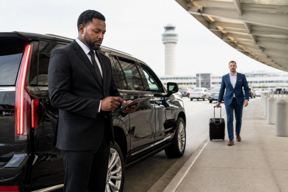 A professional chauffeur in a dark suit standing beside a black luxury SUV at a Charlotte airport curb, holding a tablet with flight information, with a business traveler approaching in the background