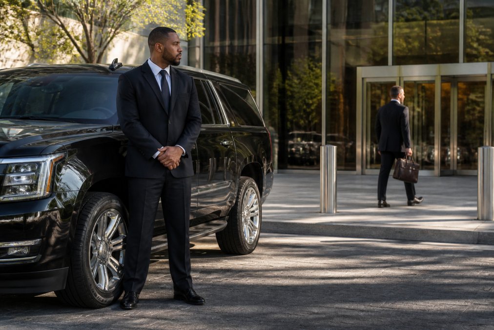 Professional driver in dark suit standing beside a luxury black SUV at a corporate office entrance, with executive carrying briefcase visible in the background, morning light creating sharp shadows
