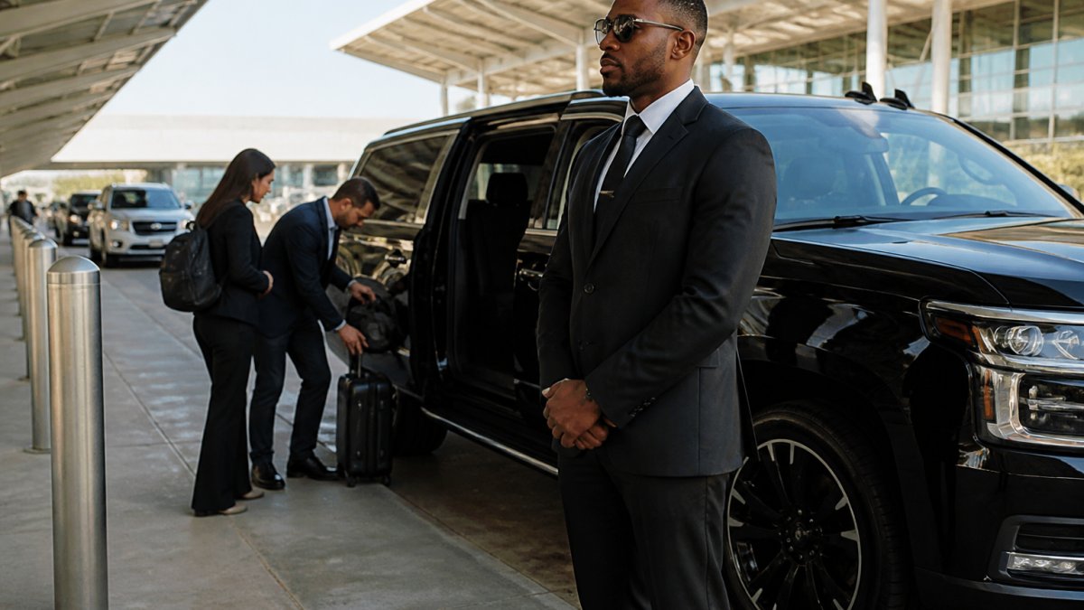 Professional driver in dark suit standing beside a luxury black truck at a Charlotte airport terminal with passengers loading luggage into the vehicle during morning light
