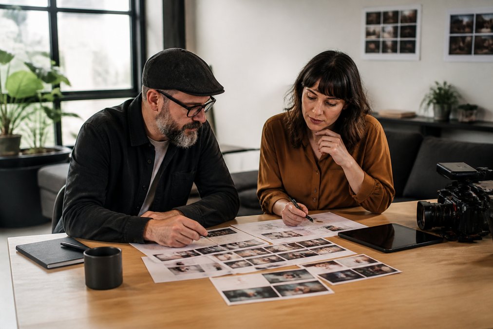 Marketing director and producer reviewing a corporate video production storyboard in a modern office meeting.
