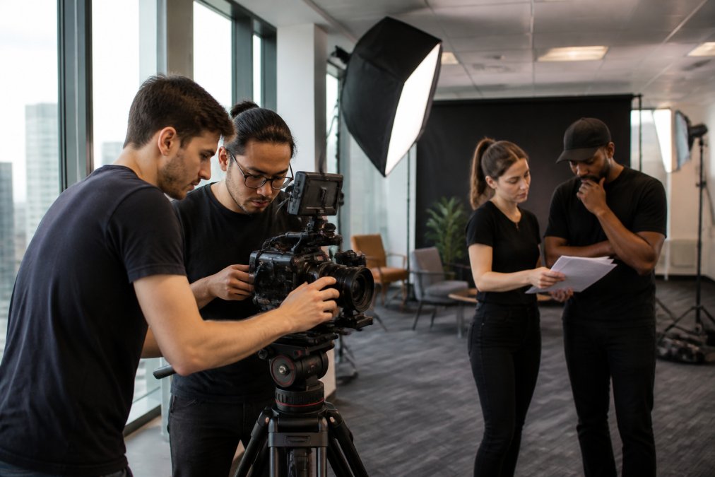 A video production crew setting up cinema-grade camera equipment on a corporate office set, with soft box lighting and a branded backdrop visible in the background, crew members adjusting lenses and reviewing a shot list