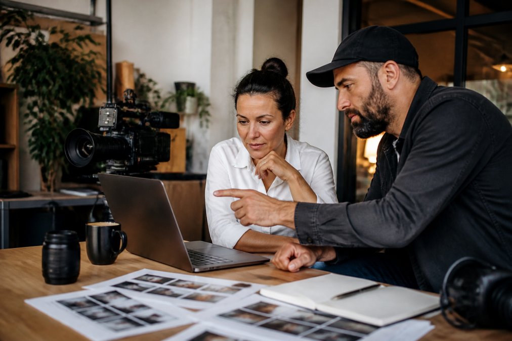 A marketing director and videographer reviewing footage together on a laptop monitor at a production desk, with storyboard sheets spread out nearby and a professional cinema camera visible in the background, warm office lighting