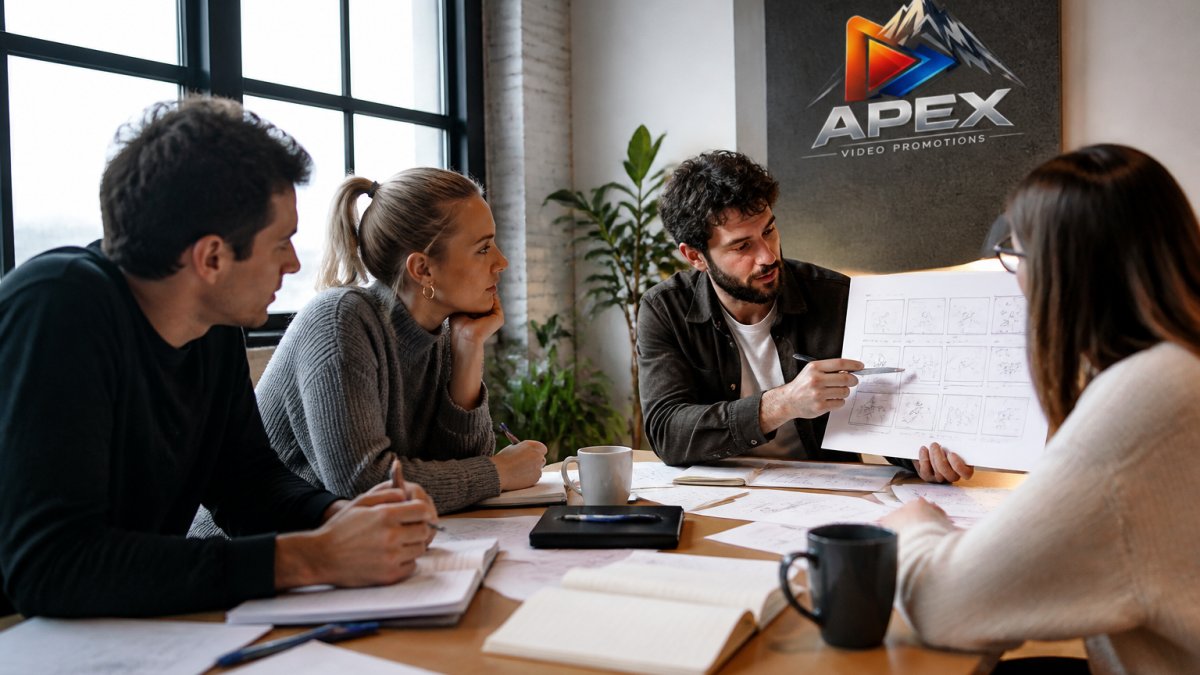 Creative team reviewing video storyboards and scripts on a large monitor in modern office with notebooks and coffee on desk