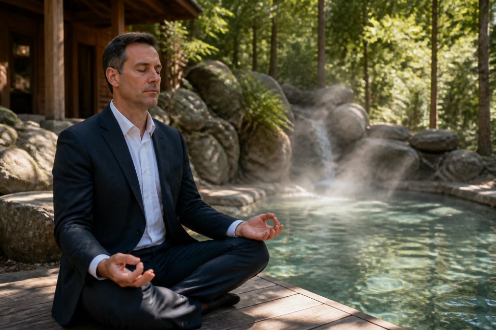 A senior executive in business attire sitting in a quiet retreat sanctuary, eyes closed in peaceful meditation beside a thermal pool with natural stone surroundings and soft dappled light filtering through trees