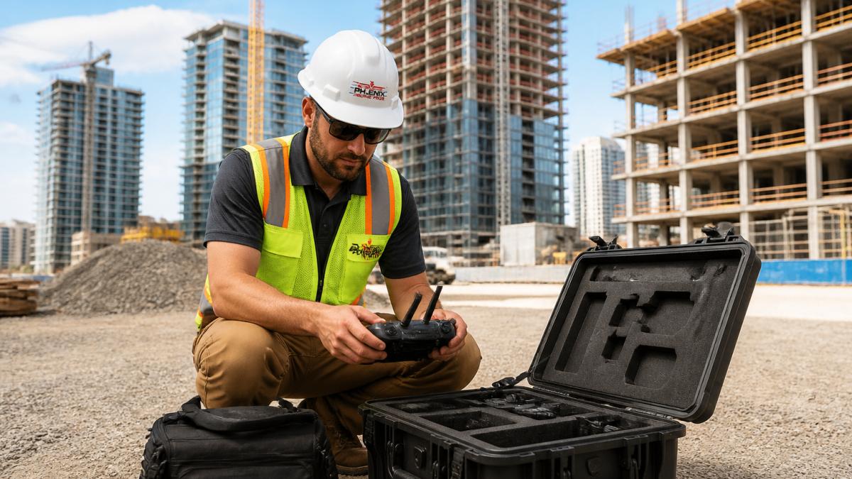 Professional drone pilot in safety vest preparing equipment at construction site with multiple buildings and cranes visible in background, showing readiness for commercial operations