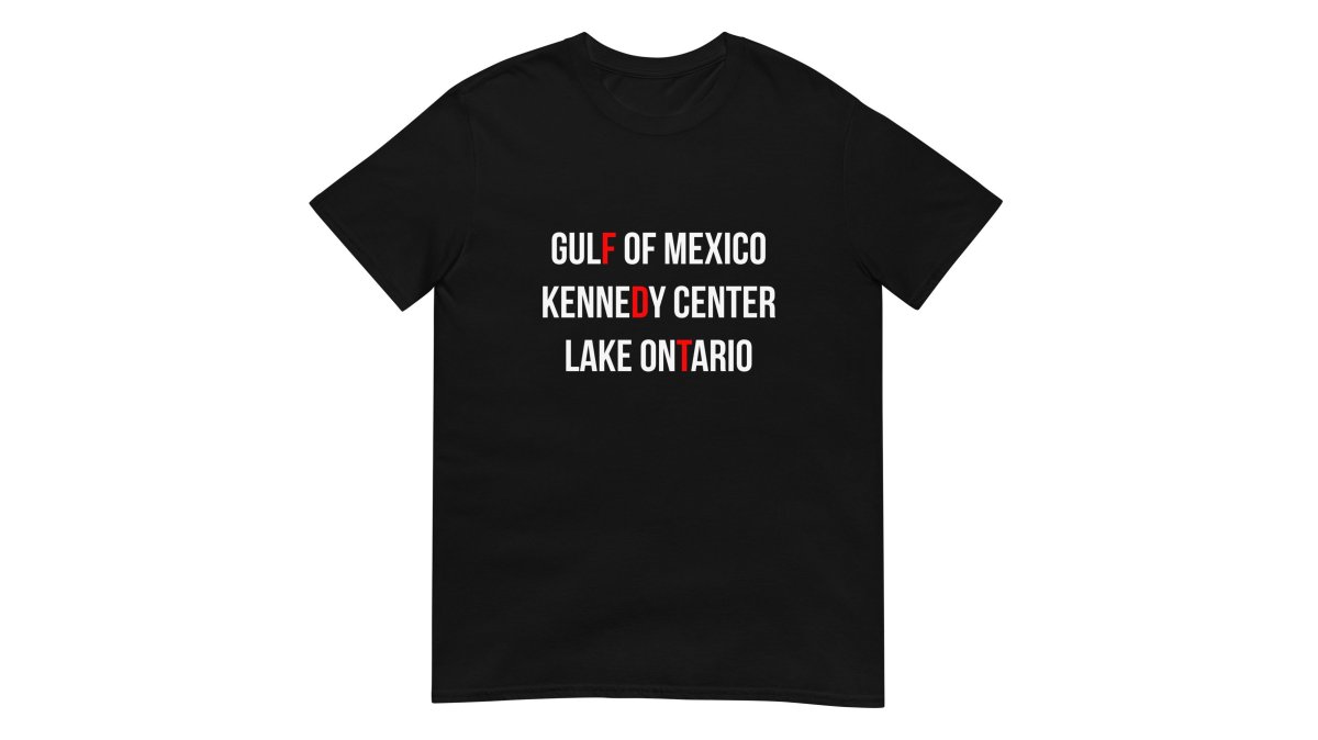 A person wearing the black Corrected Names Tee standing outdoors in daylight, looking down at the printed text on the chest reading GULF OF MEXICO, KENNEDY CENTER, and LAKE ONTARIO with red corrections visible
