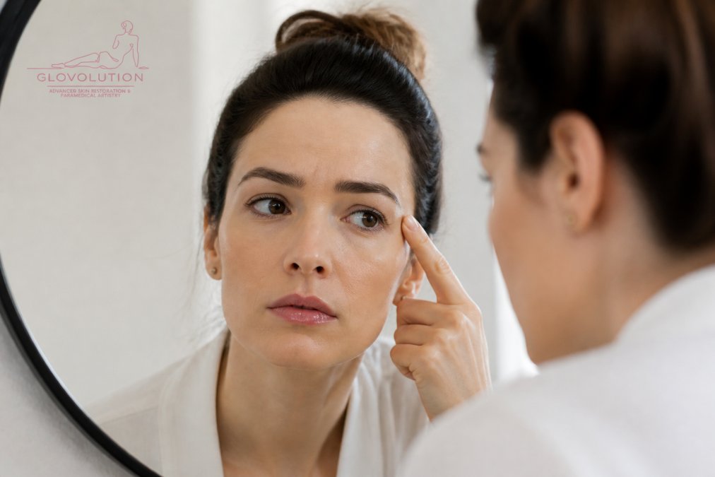 Close-up of a woman's face examining her eyebrows in natural lighting, showing asymmetry or slight color variation between brows
