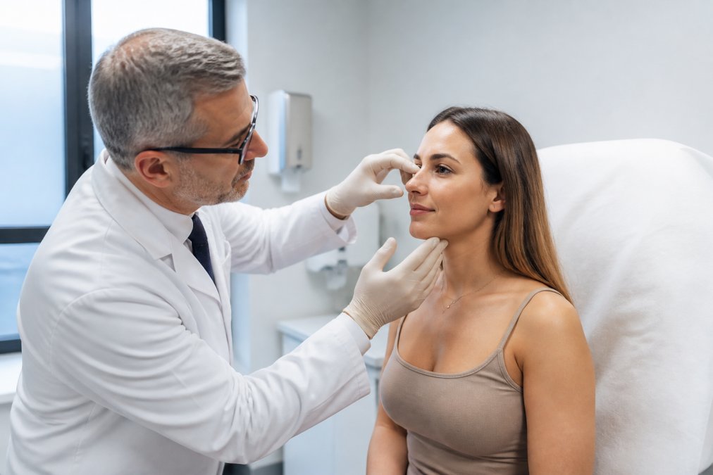 Cirujano plástico en bata blanca examinando el rostro de una paciente sentada en una camilla médica, señalando con cuidado la zona de evaluación facial bajo iluminación clínica fría y precisa