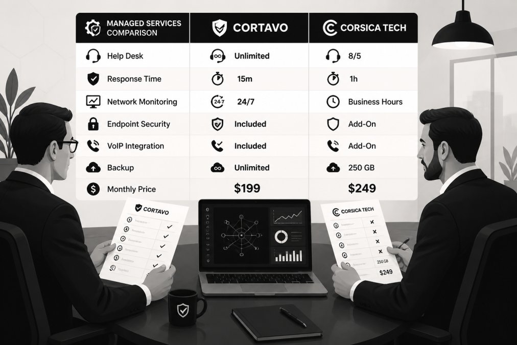 Two business professionals sitting across from each other at a conference table reviewing printed IT service documents, with a laptop open between them showing a network monitoring dashboard, warm overhead lighting in a modern office