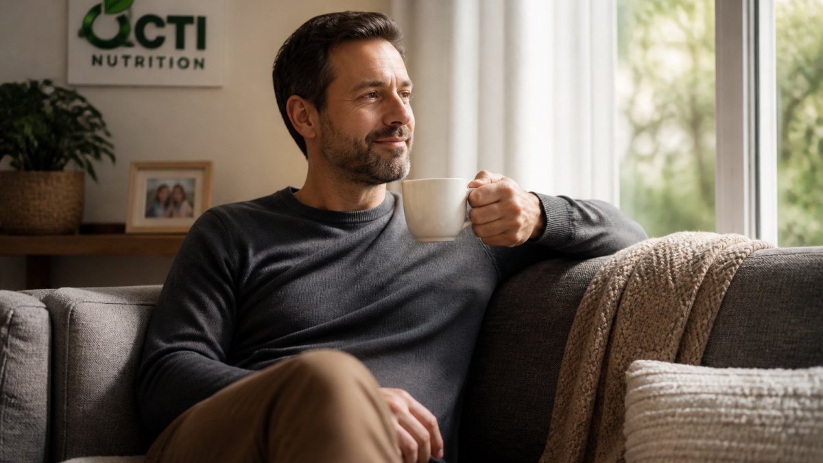 Professional man sitting on a modern sofa at home with a warm cup of tea, looking calm and relaxed, natural afternoon light coming through the window, away from his desk and work materials