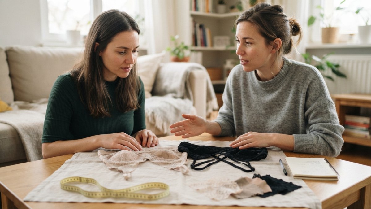 Flat lay of two lace bralettes side by side on a light linen surface, one in soft neutral tones and one in black with strappy details, styled with measuring tape and fabric swatches