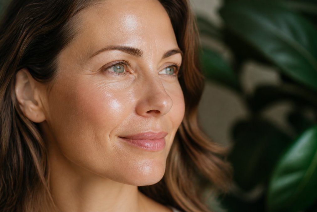 Close-up of a person's face showing clear, glowing skin with improved tone and texture, natural lighting highlighting skin elasticity and radiance
