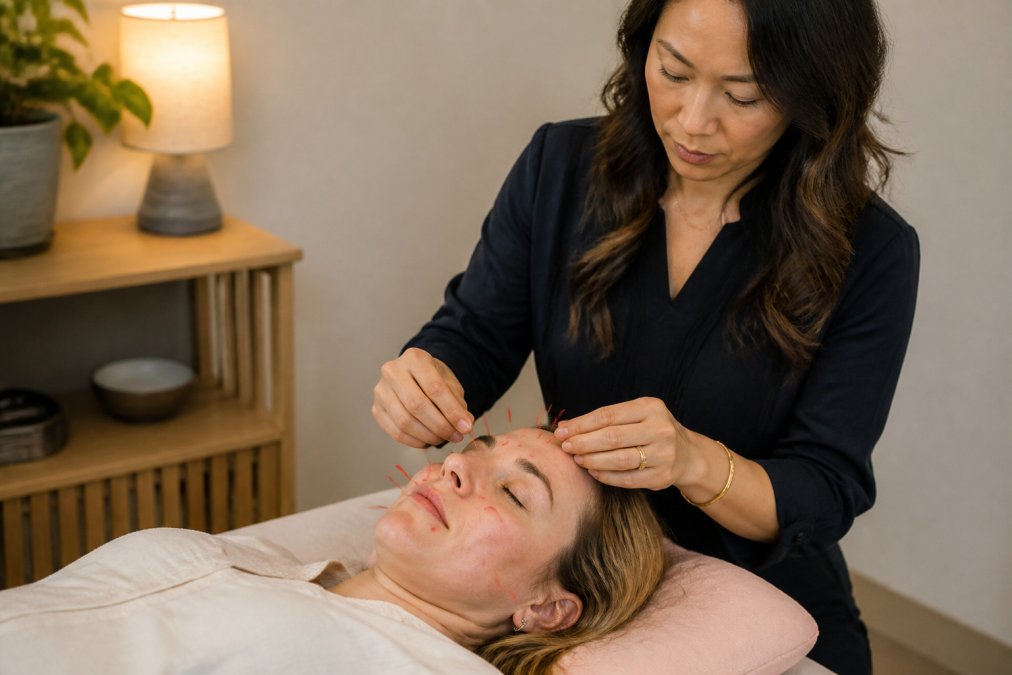 Licensed acupuncturist performing facial acupuncture on a relaxed client in a calm, professional treatment room with soft lighting and peaceful ambiance
