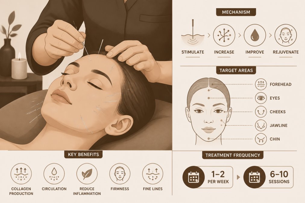 Professional illustration showing cosmetic acupuncture for facial rejuvenation