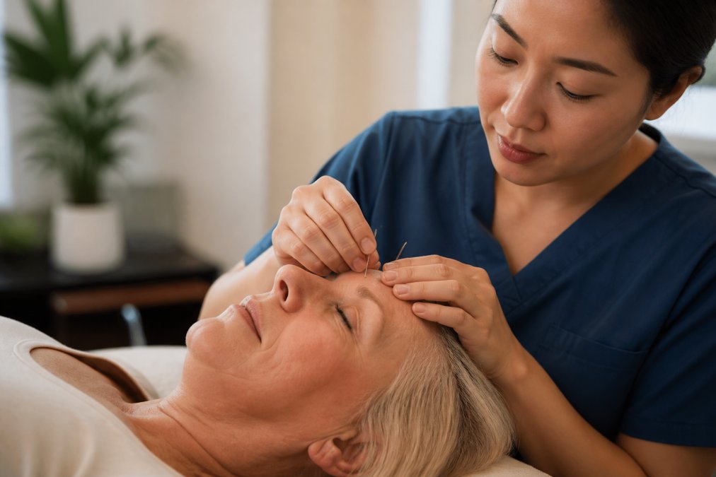 Practitioner performing cosmetic acupuncture by placing a fine needle into a patient's forehead in a clinic