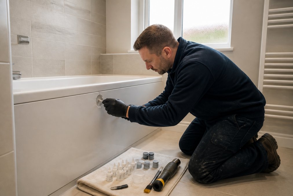 A technician in navy workwear carefully applying colour-matched refinishing compound to a chipped bath panel inside a freshly decorated new build bathroom, with specialist tools laid out on a clean cloth beside the bath, natural light from a frosted window illuminating the workspace